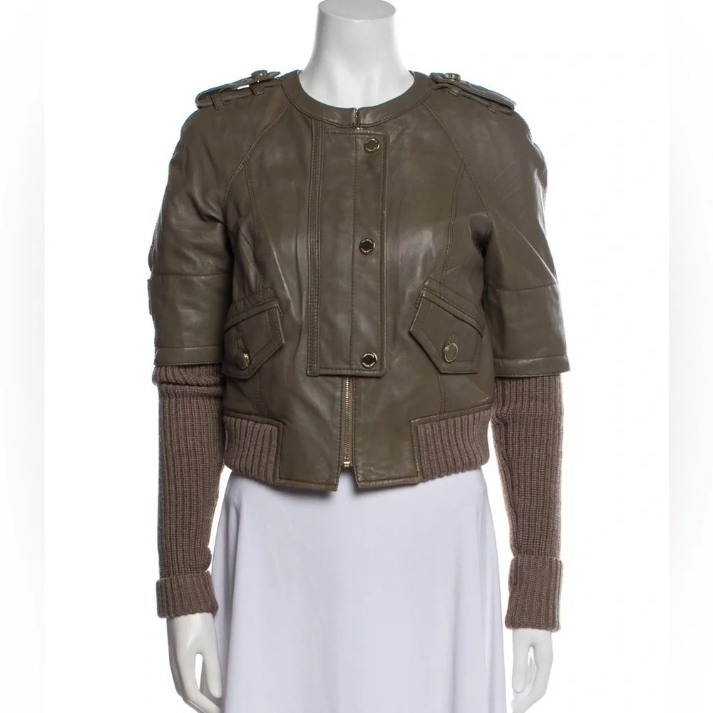 TORY BURCH Green Lambskin & Sweater-Sleeved Biker Jacket Sz XS - Picture 3 of 12